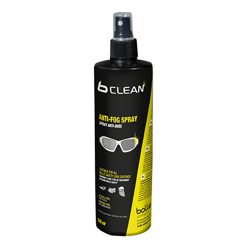 Bolle B-Clean Anti-Fog Spray: 500ml, presented in a sleek spray bottle, designed to prevent lens fogging, enhancing eye protection. Ideal for those seeking reliable safety gear from Active Safety.