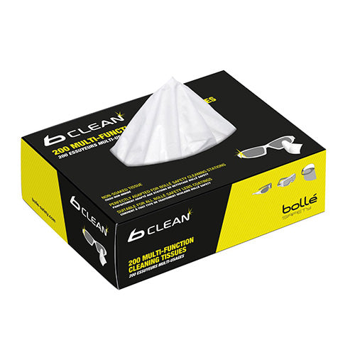 Bolle Lens Cleaning Tissues: Box/200, a neatly packaged box of 200 multi-function tissues, ideal for refilling the Bolle Cleaning Station, suitable for maintaining clear optics and lenses.