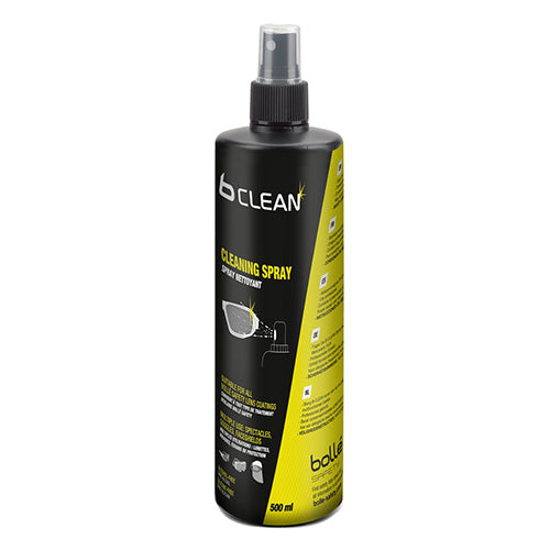 Bolle B-Clean Lens Cleaning Spray: 500ml black and yellow bottle, offering alcohol and silicone-free cleaning for glasses and goggles, ideal for safety gear maintenance.