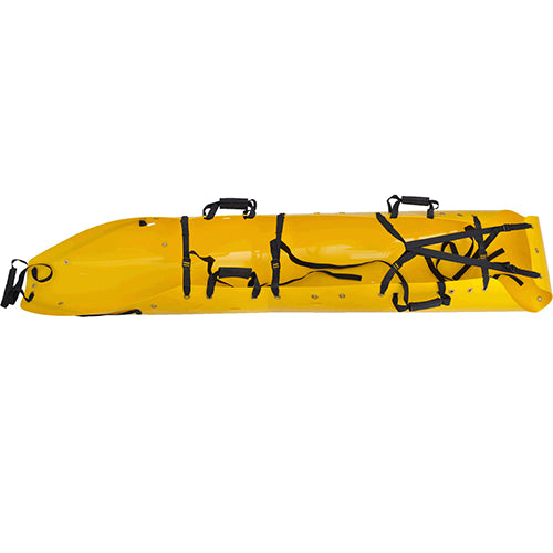 Respac Rescue Recovery Stretcher, a robust yellow plastic tube with straps, designed for quick deployment in challenging terrains, ideal for search and rescue operations.