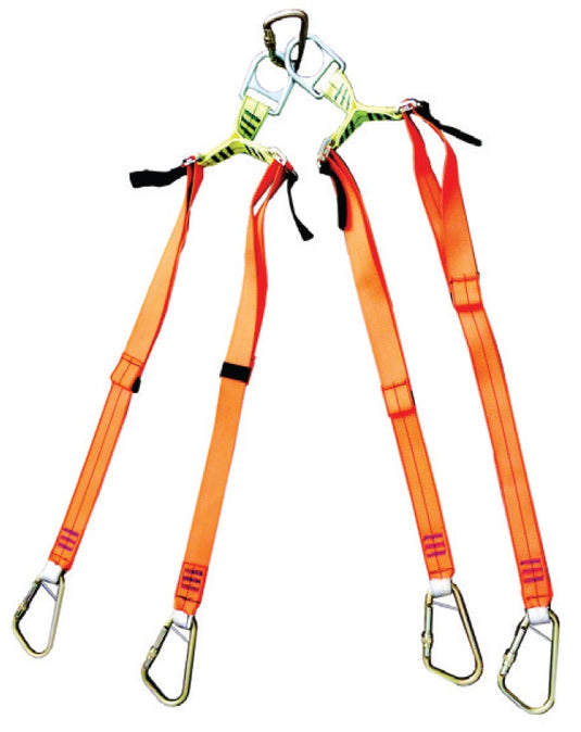 Stretcher Lifting Bridle: Close-up of an orange, four-legged, adjustable lifting bridle designed for attaching to stretchers for safe extrication. Ideal for challenging rescue scenarios, emphasizing safety and reliability.