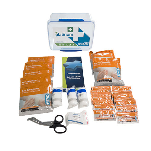 Platinum Comprehensive Burn Kit (Plastic Box) includes rescue scissors, orange gel sachets, wet wipes, and sterile dressings, essential for workplace and high-risk burn environments, enhancing safety and emergency preparedness.