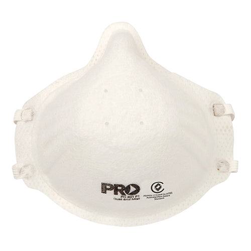 Pro P1 Dust Respirator, Box/20, featuring a white face mask with comfortable latex-free dual straps, designed for protection against particles. Includes a color-coded nose-piece and logo detail for easy identification.