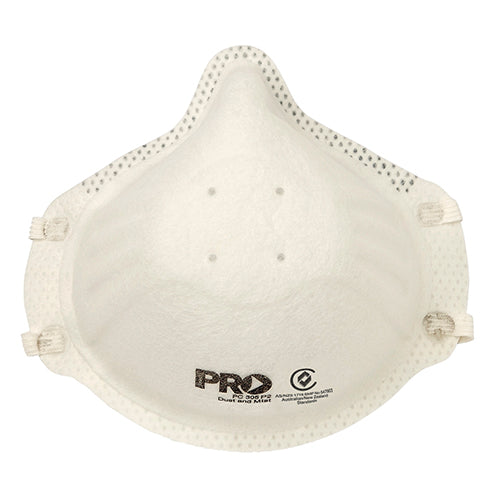 Pro P2 Dust Respirator, Box/20, featuring a white mask with black text, designed for effective particle protection. Includes a color-coded nose piece and latex-free dual straps for a secure, comfortable fit.