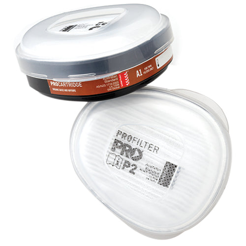Pro Gas/Vapour/Particulate Filter (A1P2) close-up, showcasing the filter's intricate design and white label; designed for ProChoice Maxi 2000 Half Mask, ensuring effective protection against dust and vapour fumes.