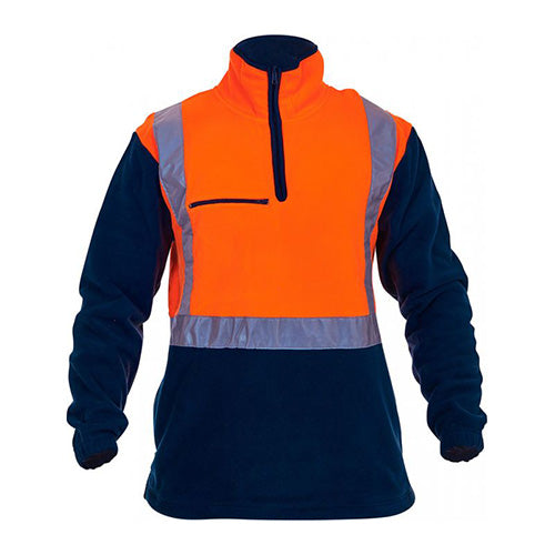 Load image into Gallery viewer, Hi Vis Taped 380gsm Polar Fleece Sweater featuring a reflective stripe, two hand warmer pockets, and a loose-hung breast pocket for easy embroidery, designed for certified day/night safety use.