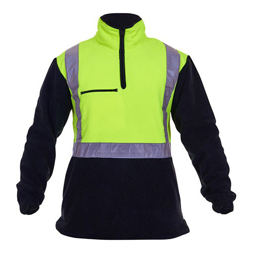 Hi Vis Taped 380gsm Polar Fleece Sweater featuring a reflective stripe, long sleeves, generous length, and multiple pockets, designed for safety and comfort, suitable for day and night use.