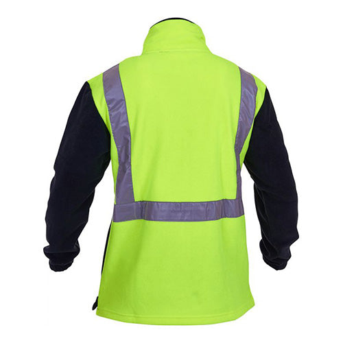 Hi Vis Taped 380gsm Polar Fleece Sweater, shown from the back, features reflective stripes in a bib and brace style, with a generous length and multiple pockets, ideal for safety and visibility.