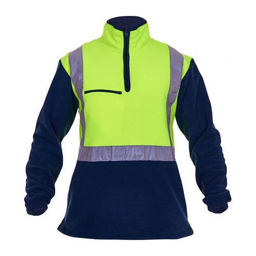 Hi Vis Taped 380gsm Polar Fleece Sweater featuring a reflective stripe on the chest, designed for safety compliance with hand warmer pockets and a loose-hung breast pocket for easy embroidery.