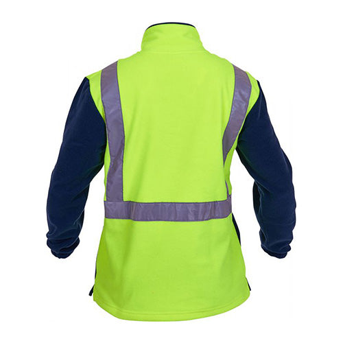 Hi Vis Taped 380gsm Polar Fleece Sweater featuring reflective stripes, designed for safety with bib and brace style tape. Offers practical pockets and generous length, ideal for workplace safety and compliance.