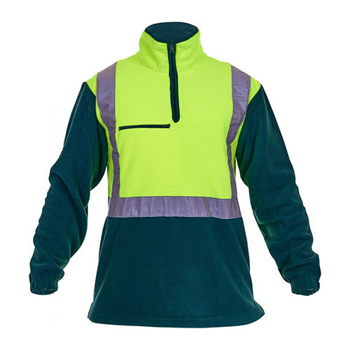 Load image into Gallery viewer, Hi Vis Taped 380gsm Polar Fleece Sweater featuring a generous length with two hand warmer pockets and a breast pocket. Designed with reflective tape for visibility, certified for safety standards.
