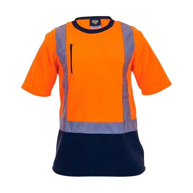 Load image into Gallery viewer, Caution Hi Vis Taped Fleece Crew Neck T-Shirt featuring bright orange, reflective silver stripes, navy lower panel, and chest zip pocket. Ideal for safety-conscious workwear, compliant with NZFOA standards.