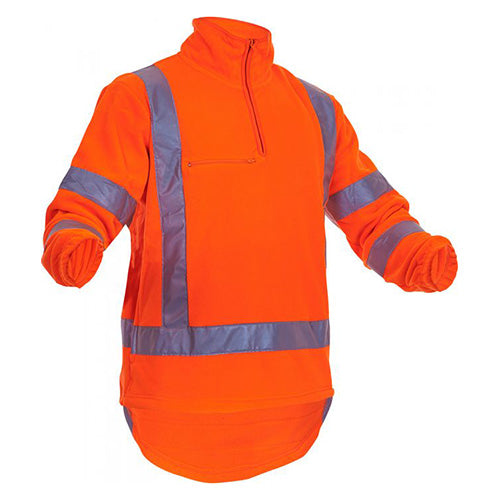 Hi Vis X-Back TTMC-W17 Polar Fleece showcasing reflective stripes, a breast pocket, and extended arms, designed for safety and visibility, adhering to rigorous NZ safety standards, perfect for workplace safety.