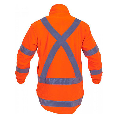 Load image into Gallery viewer, Hi Vis X-Back TTMC-W17 Polar Fleece shown from the back, featuring a unique X-back reflective tape pattern and taped arms, ideal for safety compliance in workplace environments.