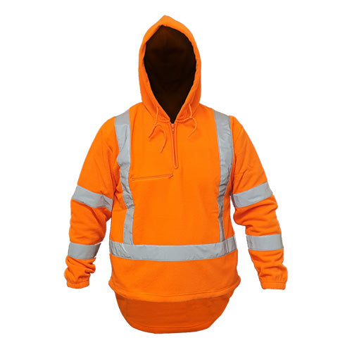 Caution Hi Vis TTMC-W17 X-Back Hoodie featuring reflective stripes, generous length, and multiple pockets, worn by a person. Perfect for safety and visibility, aligning with Active Safety's workwear standards.