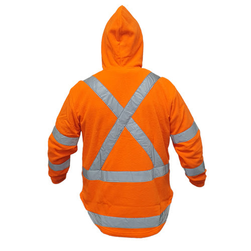 Caution Hi Vis TTMC-W17 X-Back Hoodie shown worn by a person, featuring reflective stripes, taped arms, and a loose-hung breast pocket, designed for high visibility and safety compliance in workplace environments.