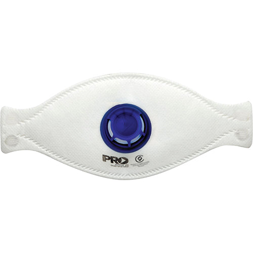 Pro P2 Valved Flat Fold Respirator, Box/10, featuring a distinctive blue-circled valve, ideal for various industrial applications like sanding and welding. Designed for optimal protection and comfort in demanding work environments.
