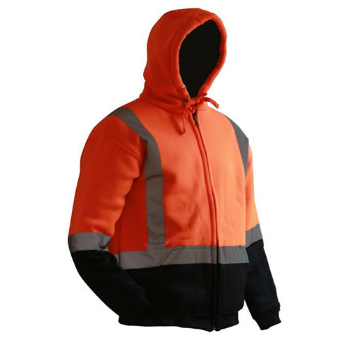 Load image into Gallery viewer, Caution Premium Full-Zip Taped Hoodie, featuring a hood and front kangaroo pocket, designed with reflective tape for enhanced visibility. Ideal for safety and compliance with workplace standards.