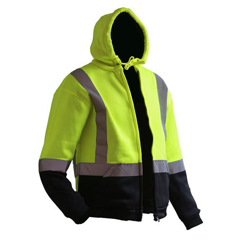 Load image into Gallery viewer, Caution Premium Full-Zip Taped Hoodie featuring reflective tape and front kangaroo pocket, made from heavyweight 320gsm polyester, designed for high visibility and certified for day/night safety compliance.