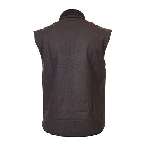 Caution Oilskin Sleeveless Vest featuring a YKK zipper with a domed storm flap, fleece lining, zip pocket, two breast pockets with domed flaps, and hand warmer pockets, ideal for rain protection.