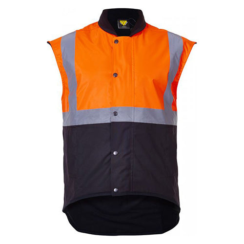 Caution Day/Night Oilskin Sleeveless Vest featuring reflective stripes, a YKK zipper with domed storm flap, and hand warmer pockets, designed for optimal safety and protection in workplace environments.