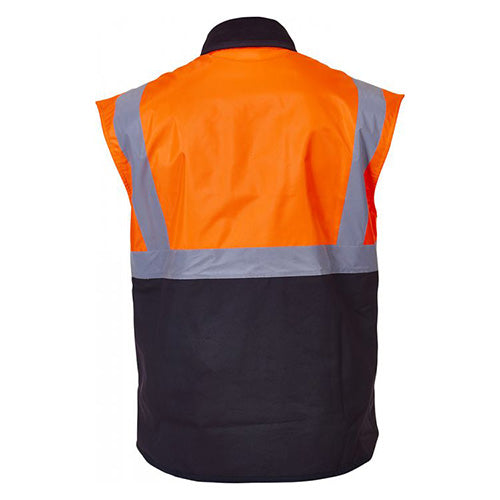 Back view of the Caution Day/Night Oilskin Sleeveless Vest, featuring a YKK zipper with domed storm flap, hand warmer pockets, and long tail for rain protection. Ideal for safety and workwear needs.