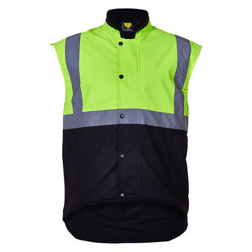 Caution Day/Night Oilskin Sleeveless Vest, featuring a YKK zipper with domed storm flap, fleece lining, hand warmer pockets, and a long tail for rain protection. Ideal for high-visibility work environments.
