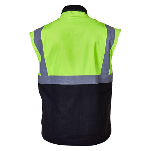 Caution Day/Night Oilskin Sleeveless Vest featuring a YKK zipper, domed storm flap, and long tail for rain protection. Ideal for safety, this high-visibility vest complies with AS/NZS standards.