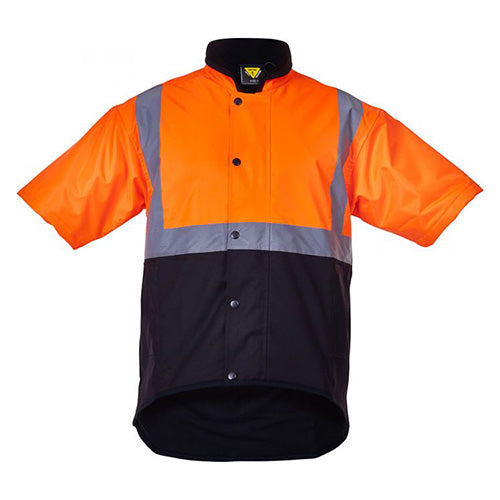 Caution Oilskin Day/Night Short Sleeve Vest featuring a YKK zipper with domed storm flap, fleece lining, zip pocket, and hand warmer pockets, designed for safety and protection in various work environments.