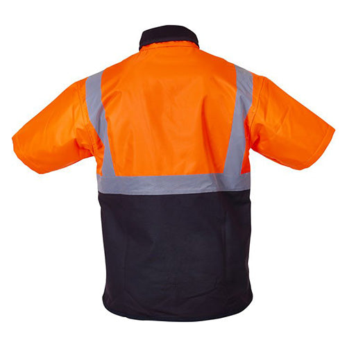 Back view of the Caution Oilskin Day/Night Short Sleeve Vest, showcasing its orange and grey design with a long tail for rain protection, YKK zipper, and multiple pockets, ideal for safety compliance.
