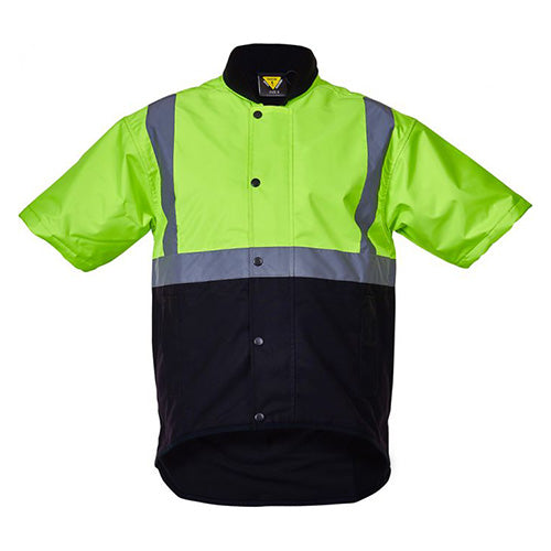Caution Oilskin Day/Night Short Sleeve Vest featuring YKK zipper, fleece lining, and multiple pockets, designed for optimal rain protection and certified for safety. Ideal for workwear and outdoor safety.