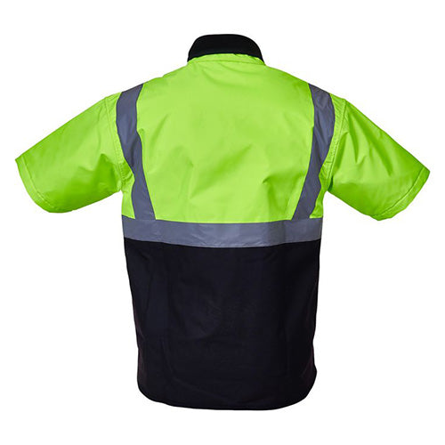 Load image into Gallery viewer, Caution Oilskin Day/Night Short Sleeve Vest featuring a back view with protective design, YKK zipper, domed storm flap, fleece lining, and long tail for rain protection, ideal for safety and workwear.