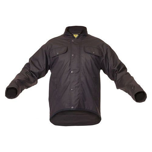 Load image into Gallery viewer, Caution Oilskin Long Sleeve Jacket, Brown, featuring a YKK zipper with domed storm flap, fleece lining, and multiple pockets, designed for optimal rain protection and functionality. Ideal for workplace safety and comfort.