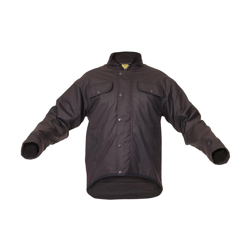 Load image into Gallery viewer, Caution Oilskin Long Sleeve Jacket, Brown, featuring a YKK zipper with domed storm flap, fleece lining, and multiple pockets, designed for optimal rain protection and functionality. Ideal for workplace safety and comfort.