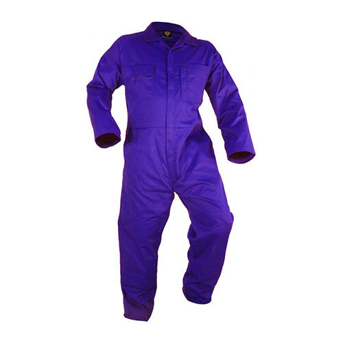 Caution Polycotton Zip Overalls, Royal Blue, feature long sleeves, a concealed zip front, elastic back, chest pockets with zip compartments, and adjustable knee pad pockets, ideal for workplace safety and functionality.