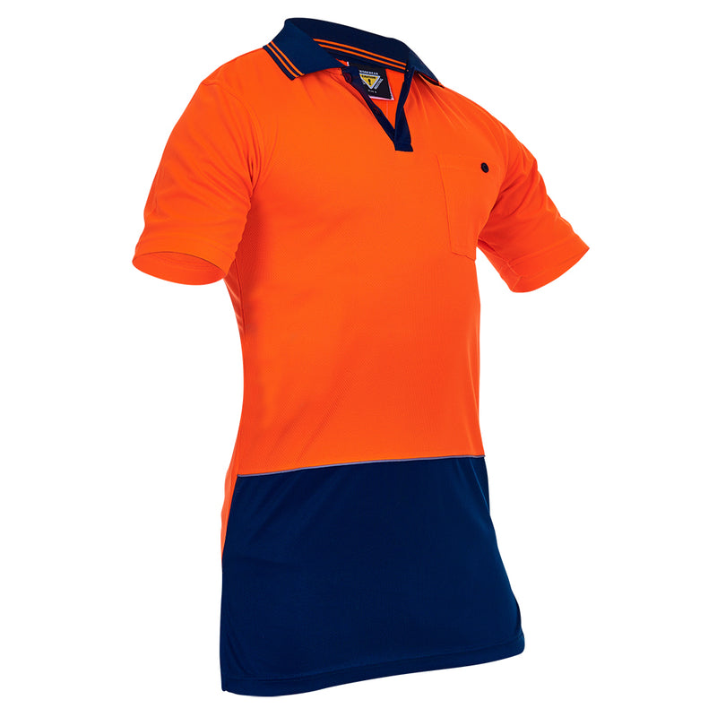 Load image into Gallery viewer, Caution Hi Vis Day Only Microfibre Polo featuring high-visibility orange and navy design, ideal for safety. Includes a buttoned pocket with pen slot and durable, breathable microfibre fabric for optimal comfort.