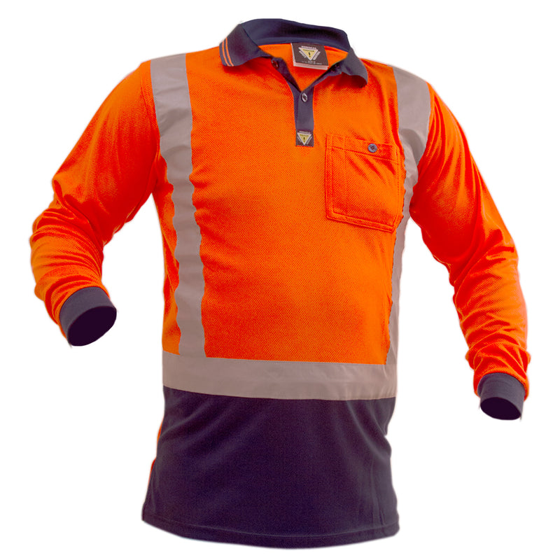 Load image into Gallery viewer, Caution Hi Vis Taped Long Sleeve Polo Shirt with bright orange fabric, grey reflective stripes, dark collar and cuffs, left chest pocket with pen slot, designed for optimal safety and visibility.