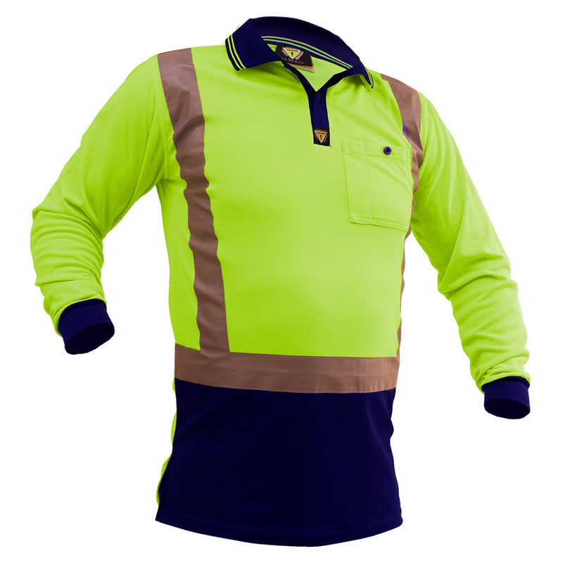 Load image into Gallery viewer, Caution Hi Vis Taped Long Sleeve Polo Shirt with fluorescent yellow-green fabric, navy details, reflective bands, and a chest pocket. Designed for safety with breathable microfibre and buttoned front closure.