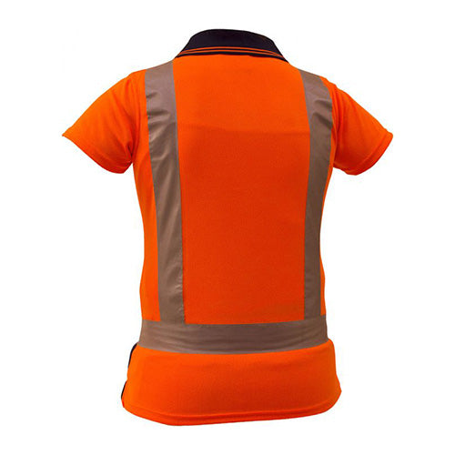 Load image into Gallery viewer, Caution Women’s Hi Vis Taped Polo Shirt, featuring a back view with reflective tape and bib and brace style, made from UV-protective polyester microfibre fabric, ideal for safety and visibility in workplace settings.