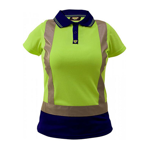 Load image into Gallery viewer, Caution Women’s Hi Vis Taped Polo Shirt featuring reflective tape for visibility, crafted from 100% polyester microfibre, offering UPF50+ sun protection. Ideal for safety-focused work environments.