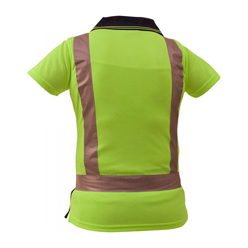 Load image into Gallery viewer, Caution Women’s Hi Vis Taped Polo Shirt featuring a yellow fabric with reflective stripe, designed for safety with high UV protection and certified for day/night use, ideal for workplace safety.