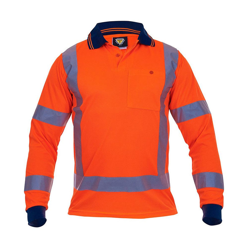 Load image into Gallery viewer, Caution Hi Vis TTMC-W17 L/S Microfibre Polo Shirt featuring long sleeves, reflective stripes, and a practical cellphone pocket with pen partition, ideal for high visibility and sun protection in workplace environments.