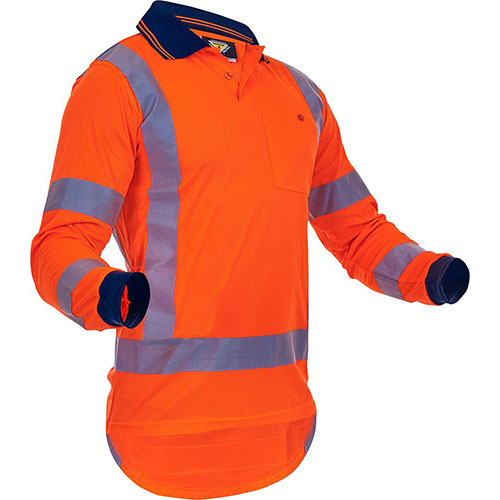 Caution Hi Vis TTMC-W17 L/S Microfibre Polo Shirt featuring long sleeves, reflective stripes, and a practical cellphone pocket with pen partition, ideal for high visibility and sun protection in workplace environments.