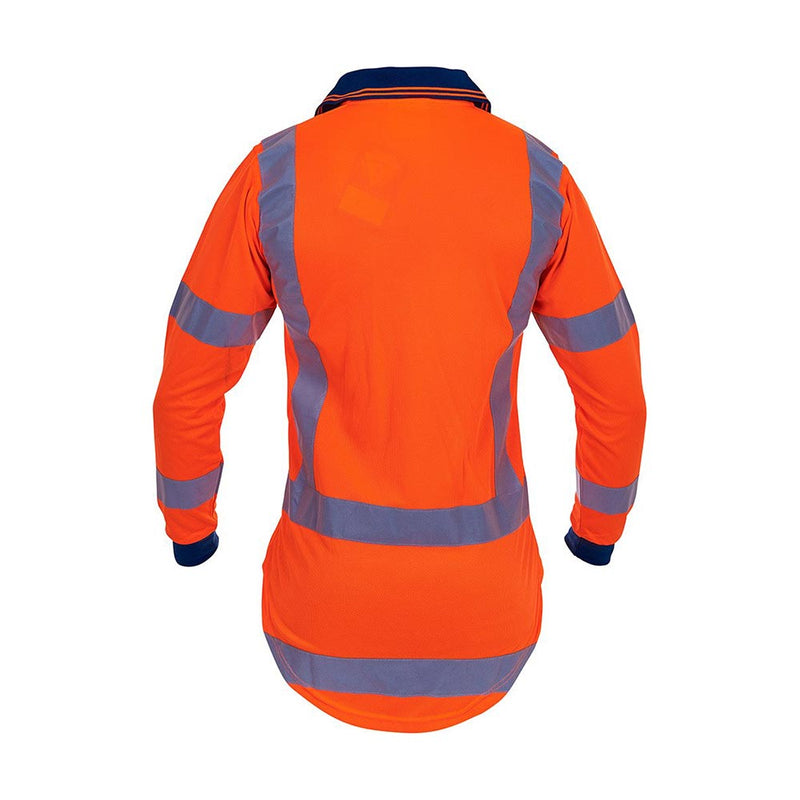 Load image into Gallery viewer, Caution Hi Vis TTMC-W17 L/S Microfibre Polo Shirt, viewed from the back, featuring reflective tape and a practical cellphone pocket, designed for safety compliance and high UV protection, suitable for day/night use.