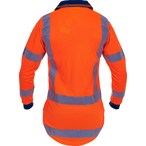 Caution Hi Vis TTMC-W17 L/S Microfibre Polo Shirt, viewed from the back, featuring reflective tape and a practical cellphone pocket, designed for safety compliance and high UV protection, suitable for day/night use.