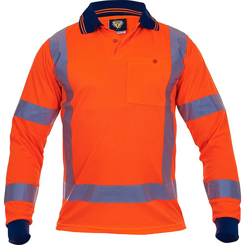 Load image into Gallery viewer, Caution Hi Vis TTMC-W17 L/S Microfibre Polo Shirt with blue stripes, features long sleeves, generous length, cellphone pocket with pen partition, and reflective tape for high UV protection and safety compliance.