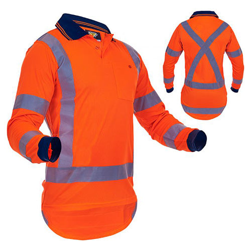 Caution TTMC-W17 X-Back L/S Polo Shirt featuring long sleeves, grey stripes, and X-back reflective tape for high visibility. Designed for safety with a cellphone pocket and button closure, ideal for workwear.