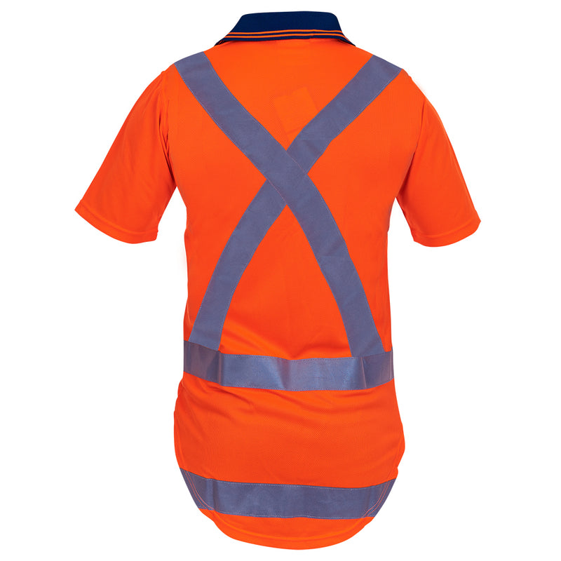 Load image into Gallery viewer, Caution Hi Vis TTMC-W17 X-Back Microfibre Polo, featuring reflective X pattern on bright orange with short sleeves, contrasting collar, and buttoned front, designed for superior visibility and compliance with safety standards.