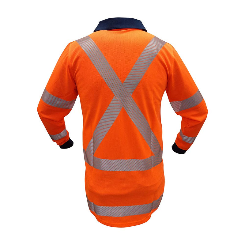 Load image into Gallery viewer, Caution Hi Vis TTMC-W17 X-Back Long Sleeve Polo features a fluorescent orange design with silver reflective tape in an “X” pattern, a buttoned front, navy collar, and cuffs for enhanced safety visibility.