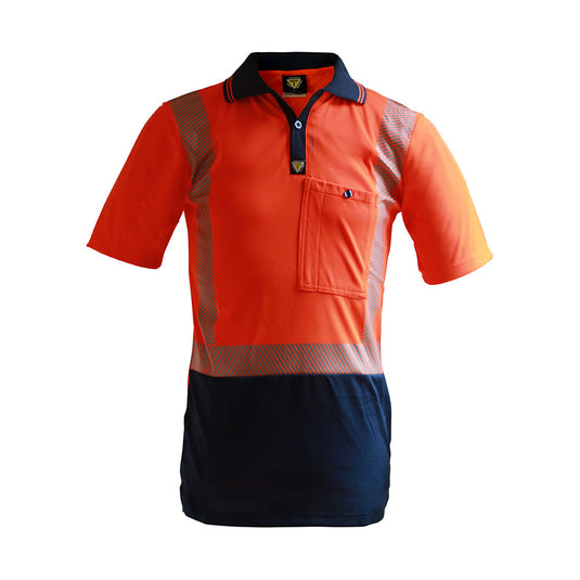 Caution Hi Vis Segmented Taped Micro Fibre Polo with reflective tape, designed for safety, features a cellphone pocket with button closure, pen partition, and provides high UV protection, ideal for workplace safety.